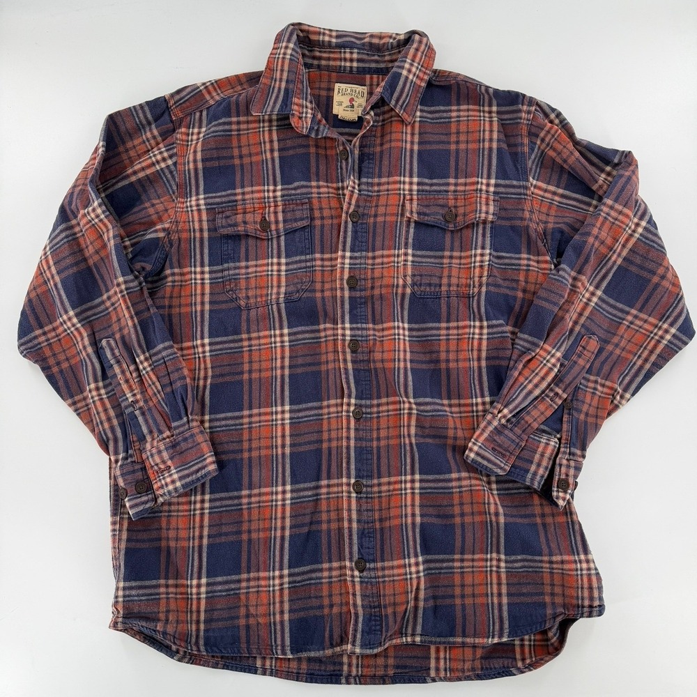 Red Head Brand Co Flannel Shirt Mens XLT Blue Orange Good Plaid Button Down Tall